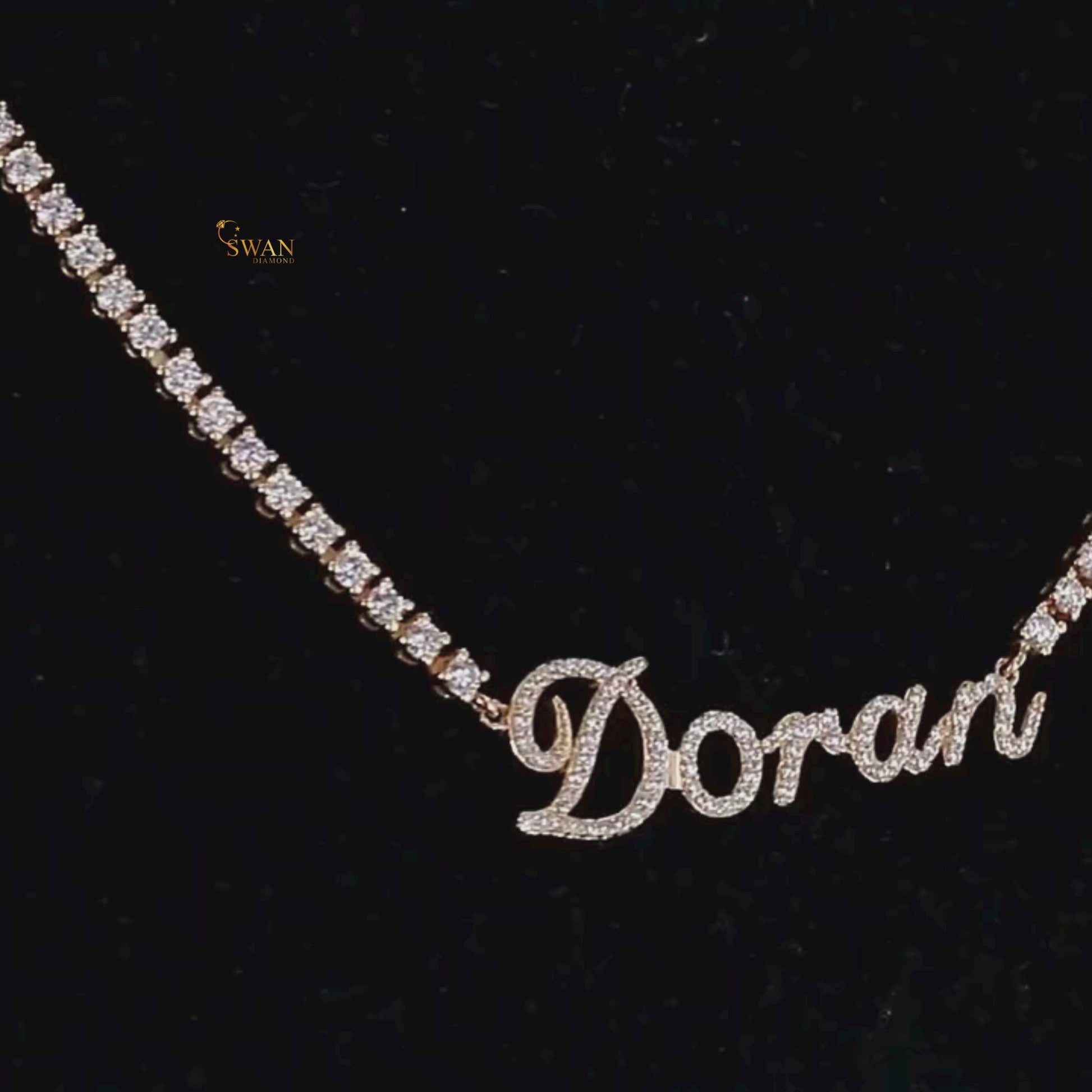 Custom Name Diamond Tennis Chain Necklace in Yellow Gold Personalized Script Pendant with Iced Out Jewelry Gift for Men and Women swandiamond