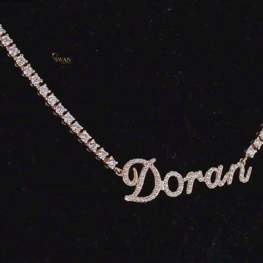 Custom Name Diamond Tennis Chain Necklace in Yellow Gold Personalized Script Pendant with Iced Out Jewelry Gift for Men and Women swandiamond