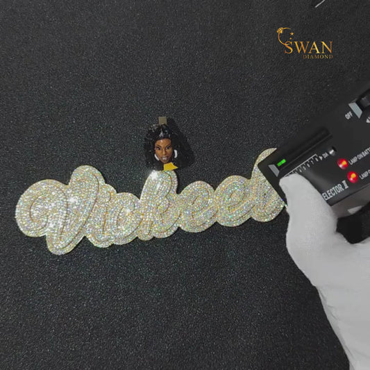 Hip Hop Custom Vickeelo Name Pendant with Portrait Design Fully Iced Out in Gold and VVS Moissanite Diamonds Luxury Necklace for Men Women
