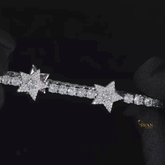 Star Design Diamond Tennis Bracelet in White Gold with Round Cut Stones and Pave Star Accents Elegant Statement Jewelry for Women swandiamond