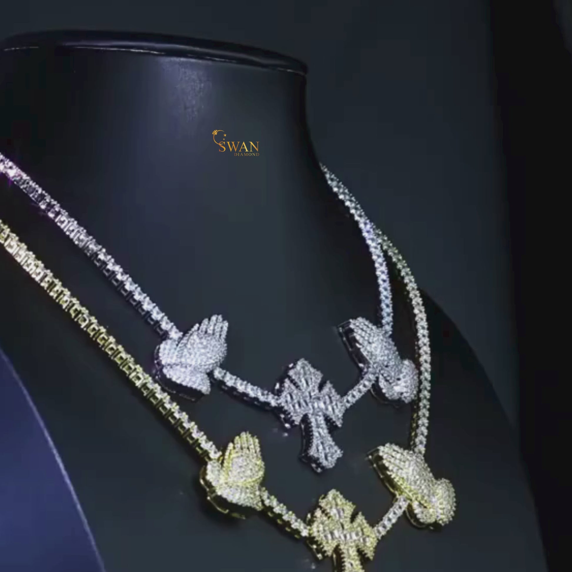 Angel Wing and Cross Diamond Tennis Necklace White Gold and Yellow Gold Iced Out Luxury Jewelry Statement Gift for Men and Women swandiamond