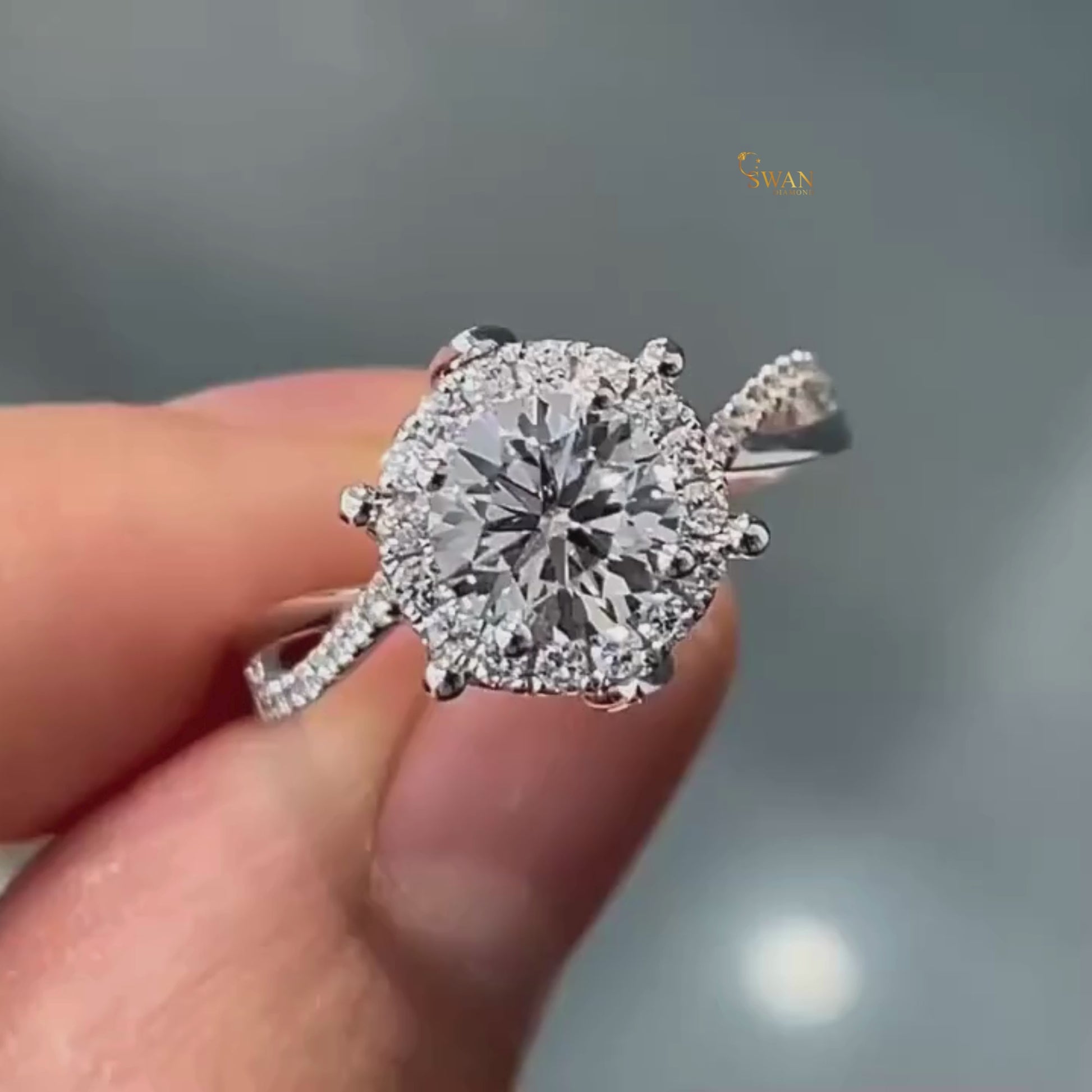 Round Cut Solitaire Halo Moissanite Engagement Ring in 925 Sterling Silver with Pavé Band Elegant Bridal Jewelry Gift for Her swandiamond