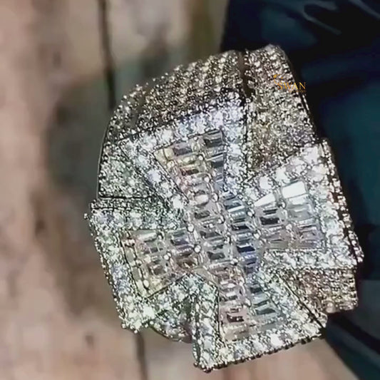 Iced Out Jesus Cross Hip Hop Ring & Baguette and Round Diamond Silver Bling Statement Jewelry for Rappers and Streetwear Kings SwanDiamond