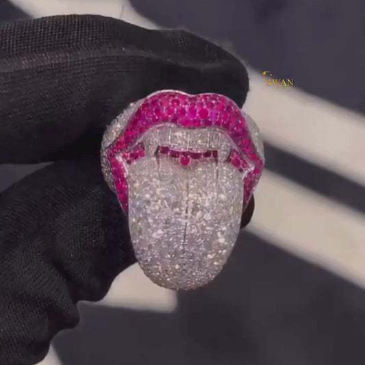 Custom Lips Tongue Hip Hop Ring Iced Out Red Ruby and Diamond Bling Statement Jewelry for Rappers Trendsetters and Streetwear Kings SwanDiamond