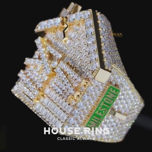 Custom House Milestone Hip Hop Ring Iced Out Gold and Diamond Baguette Bling Statement Jewelry for Rappers and Streetwear Bosses SwanDiamond