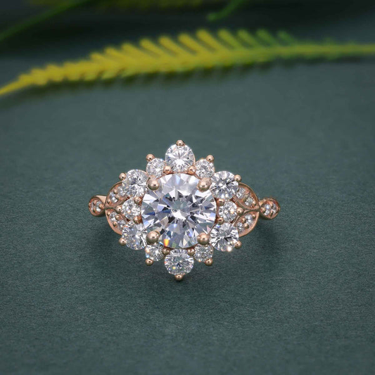 1.0CT Round Shaped Diamond Floral Halo Moissanite Engagement Ring