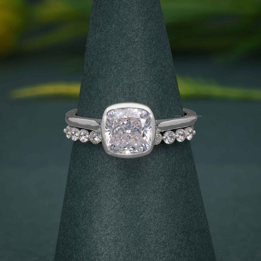 Bezel Elongated Cushion Cut Moissanite Diamond Bridal Ring With Half Eternity Matching Band