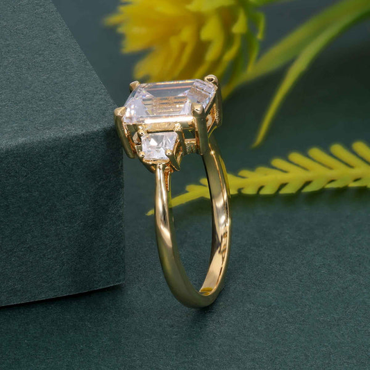 Three Stone 2 CT Emerald Moissanite Diamond Engagement Ring