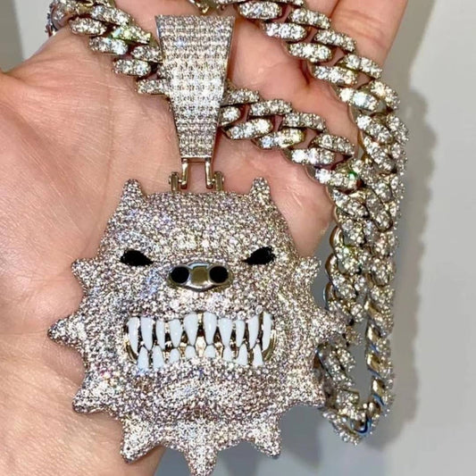 Custom Angry Bulldog & Pitbull 925 Sterling Silver Pendant with moissanite diamond